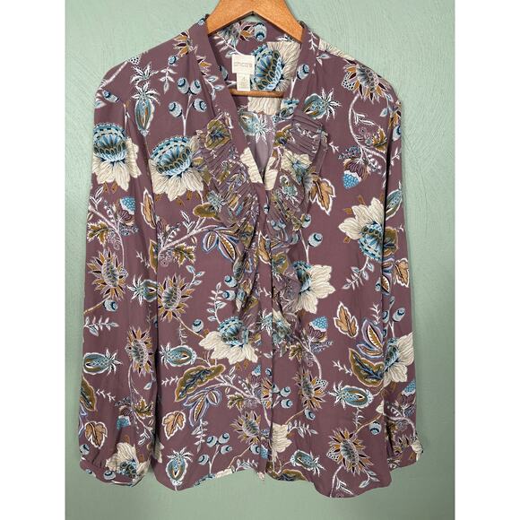 Chico's Blouse Women's 4 XXL Jacobean Bouquet Floral Pleated Ruffle Long Sleeve - Picture 10 of 12